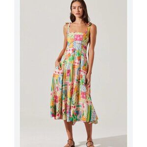 NWT Astr The Label Shiann Print Midi Dress Small Patchwork Summer Resort Bright